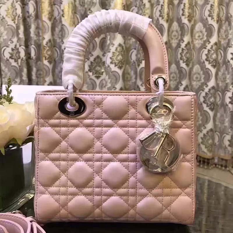 Side view of Dior My Lady Dior Bag in soft pink lambskin leather