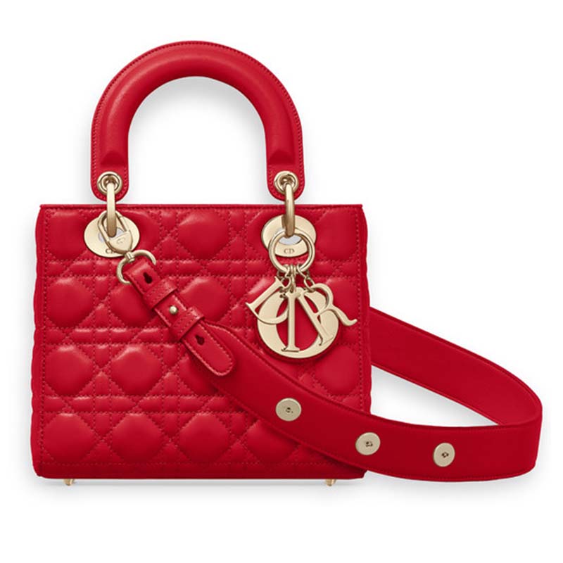 Front view of Dior My Lady Dior Bag in Cannage Lambskin-Red