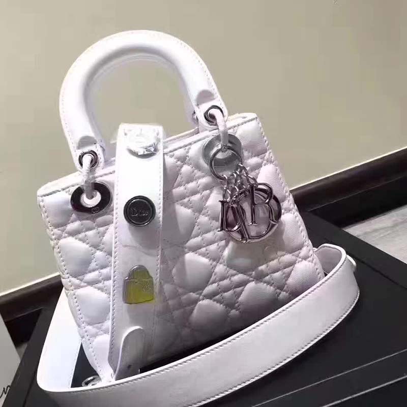 Side angle showing structured silhouette of Dior My Lady Dior Bag