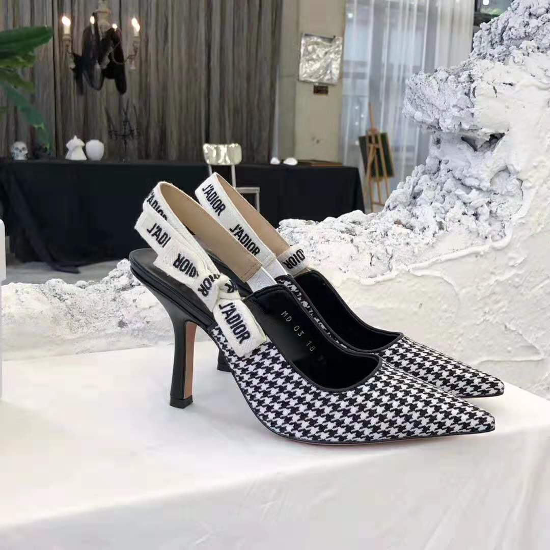 Top view showing houndstooth wool upper and 10 cm heel of Dior slingback