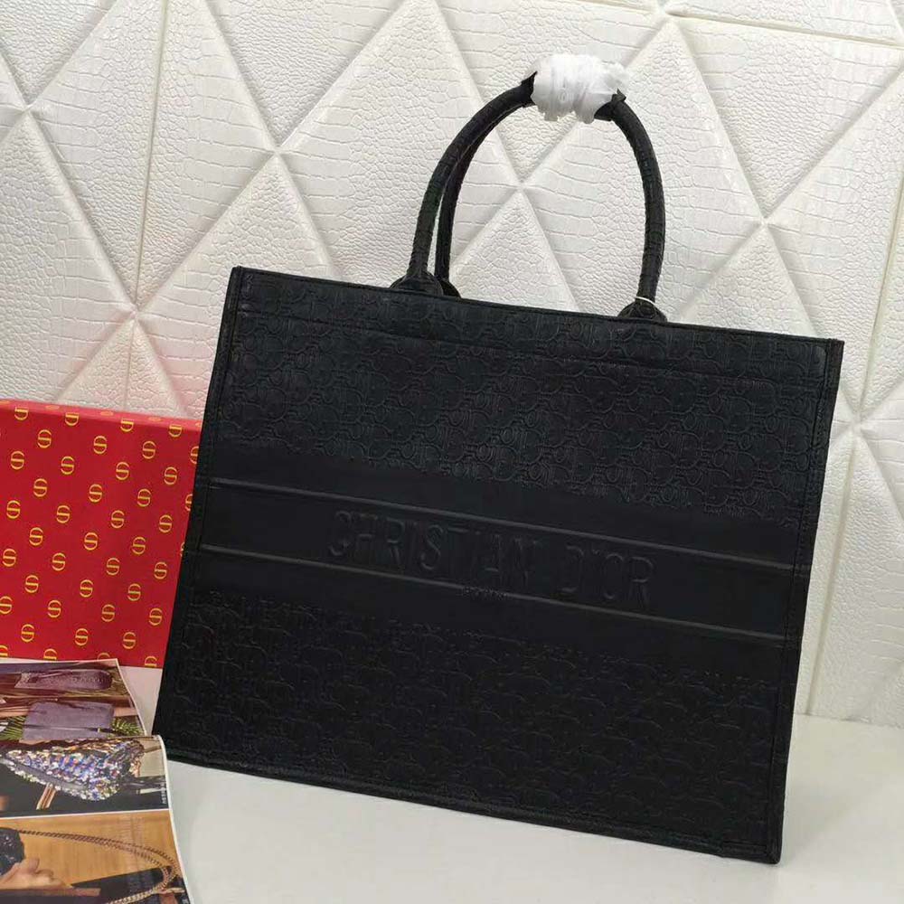 Side angle showing spacious interior of Dior Women Book Tote Dior Oblique Bag-Black