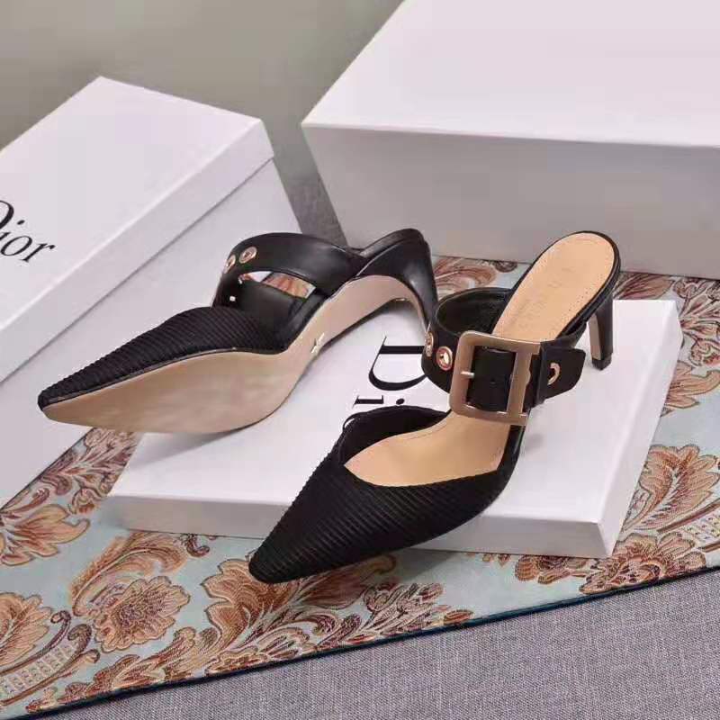 Overhead view showcasing the black technical canvas and heel height of Dior Women D-Dior Mule