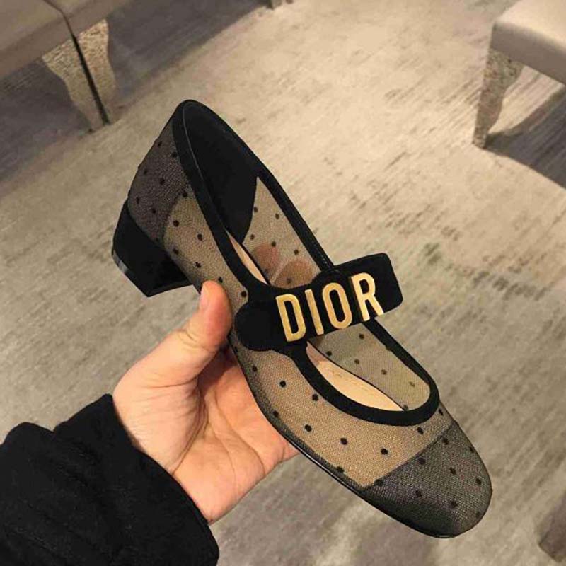 Side profile showcasing silhouette of Dior Women Dior Baby-D Ballet Pump Black Dotted Swiss