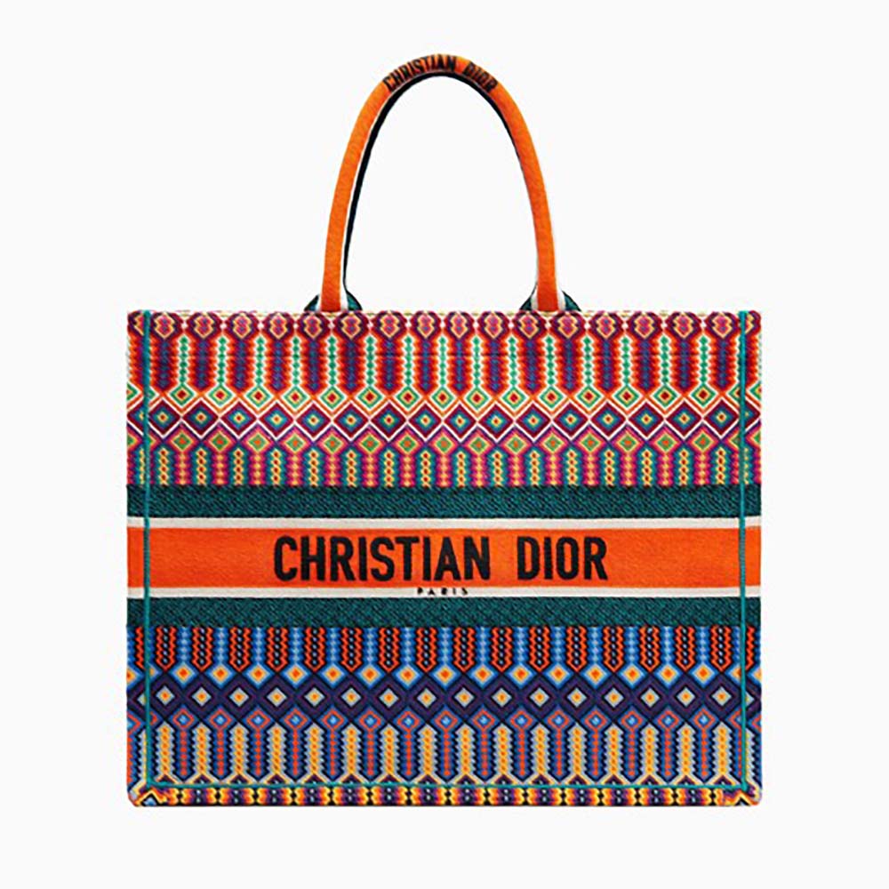 Front view of Dior Women Dior Book Tote Bag in multi-coloured embroidered canvas
