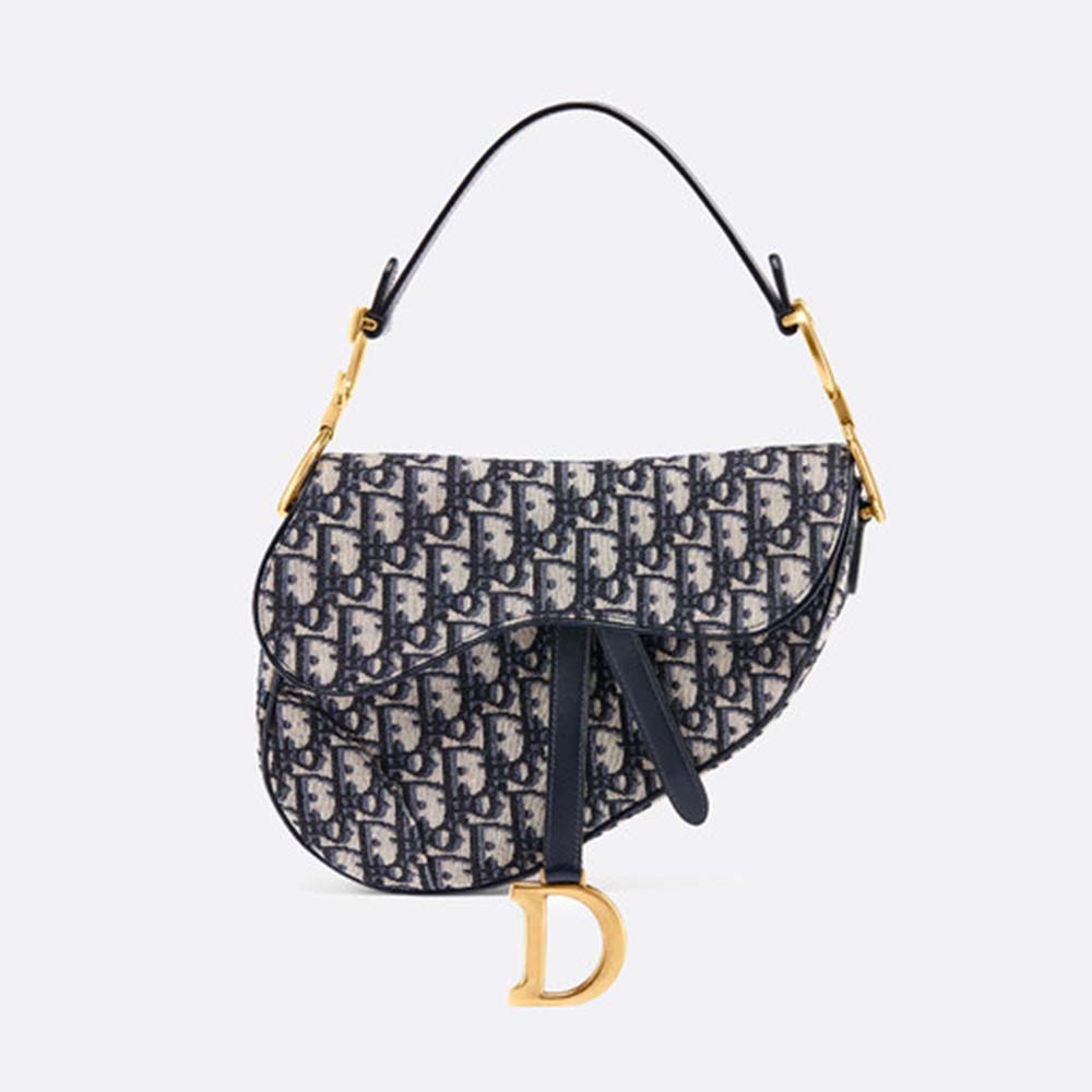 Front view of Dior Women Dior Oblique Saddle Bag-Navy with flap closed