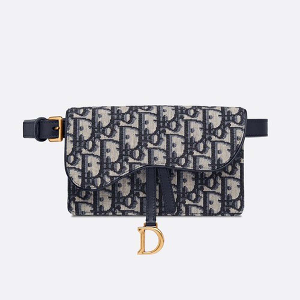 Front view of Dior Women Dior Oblique Saddle Belt Bag-Navy showing signature print