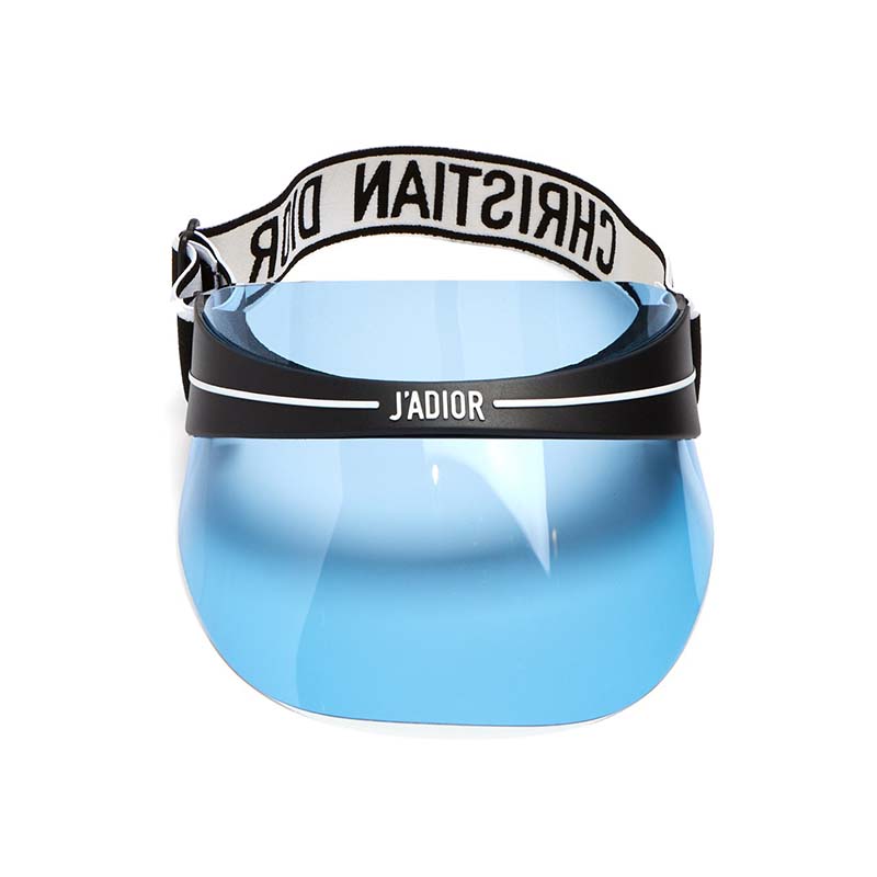 Close-up of gold-tone Dior logo on DiorClub1 Visor Sunglasses-Blue temple