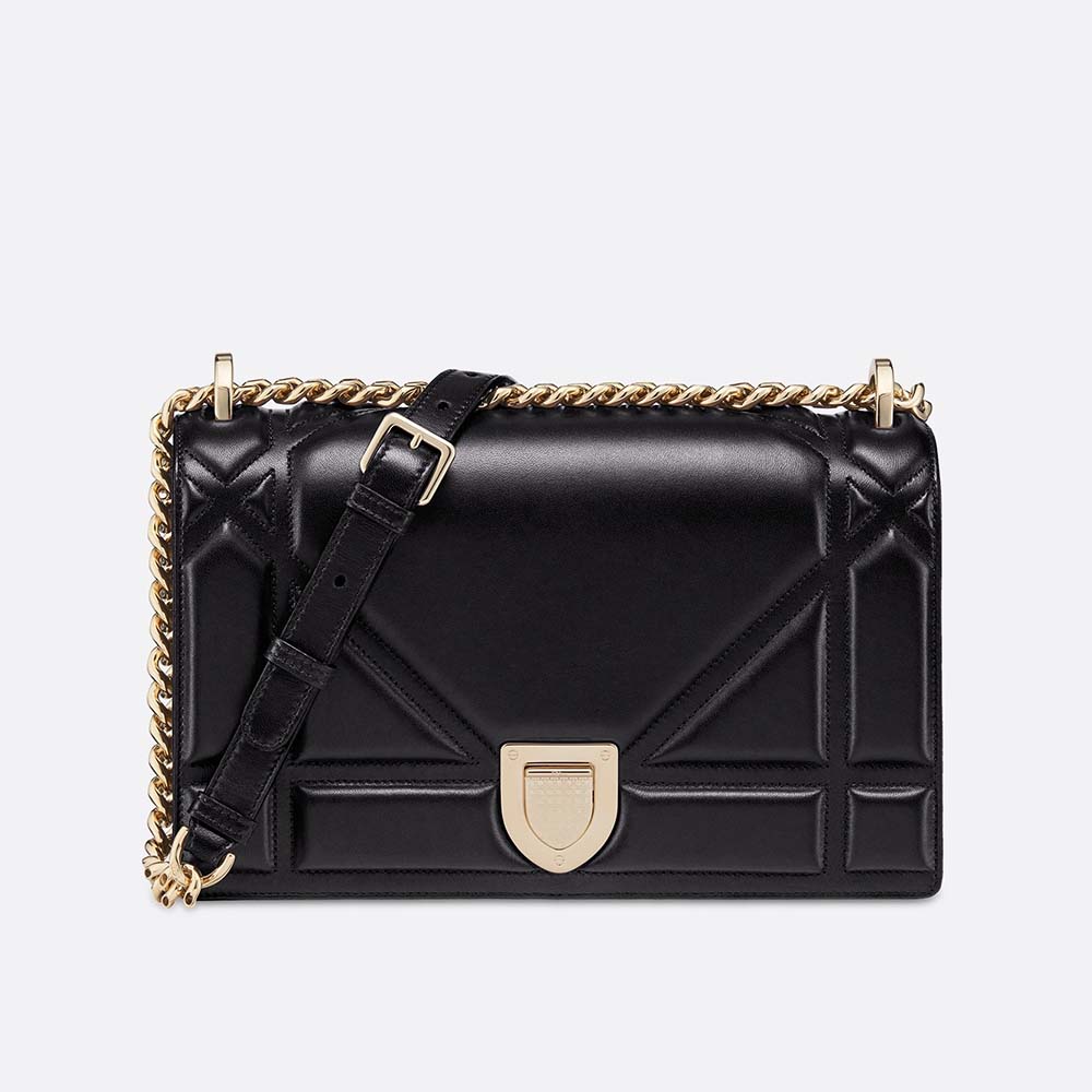 Front view of Dior Women Diorama Lambskin Bag-Black showing flap and clasp