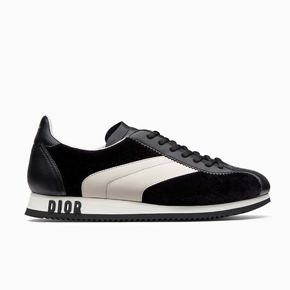 Side profile of Dior Women Diorun Trainer in Velvet and Calfskin Leather-Black