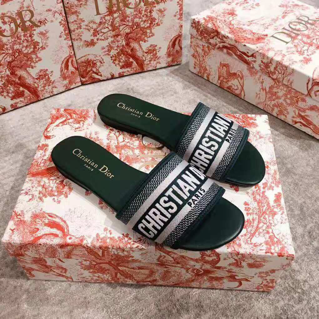 Close-up of green embroidered cotton upper on Dior Women Dway Mule