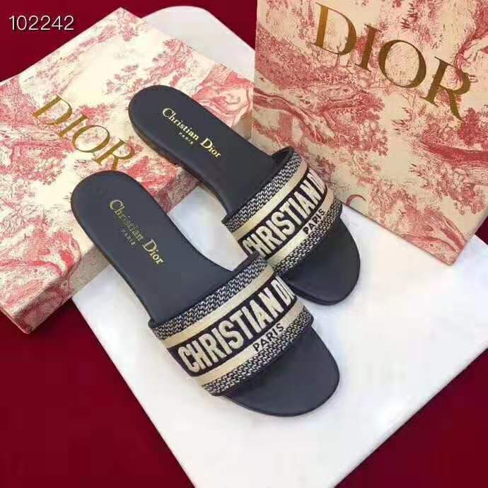 Close-up detail of navy cotton embroidery on Dior Women Dway Mule