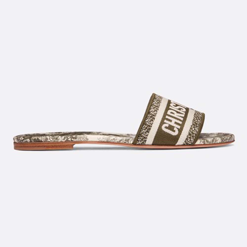 Side view of Dior Women Dway Mule in Embroidered Cotton Sandal-Green
