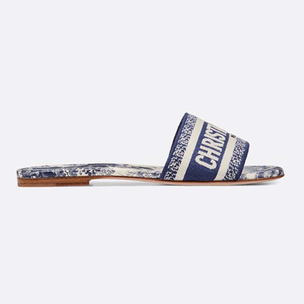 Side view of Dior Women Dway Mule in Embroidered Cotton Sandal-Navy