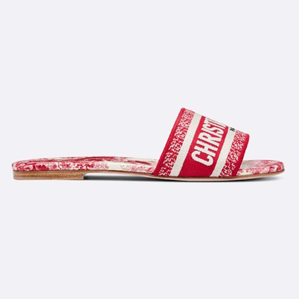 Side view of Dior Women Dway Mule in Embroidered Cotton Sandal-Red