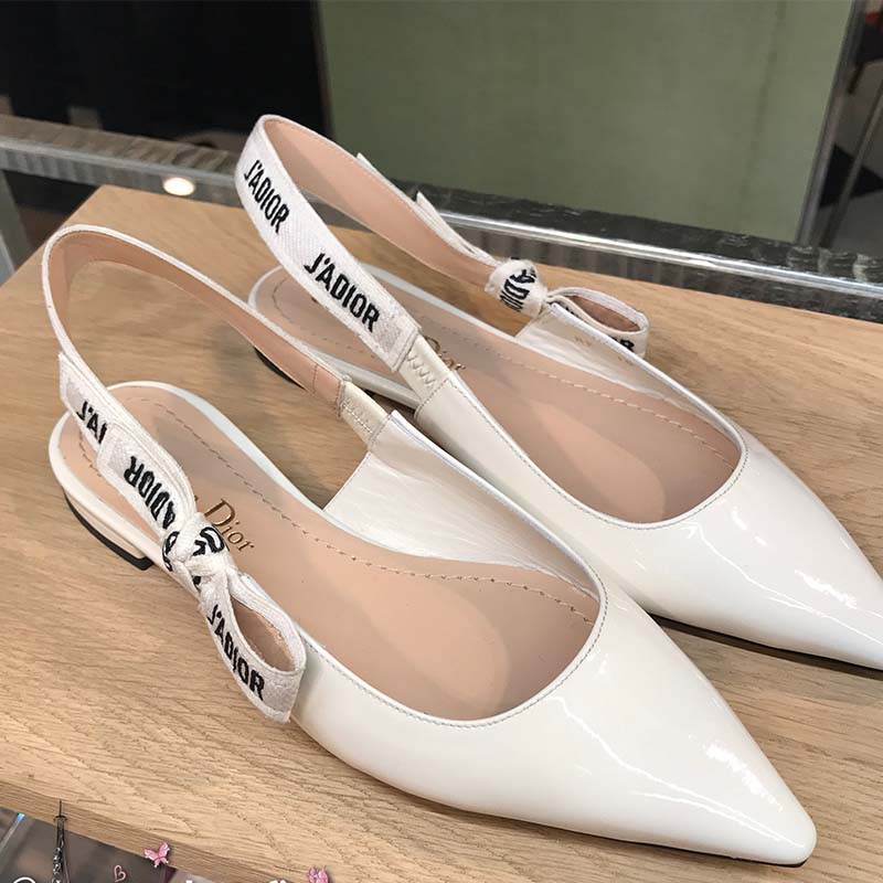 Close-up of J’adior embroidered ribbon on Dior Women J’Adior Ballet Pump