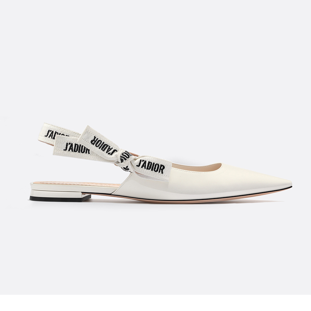 Front angle of Dior Women J’Adior Ballet Pump White Patent Leather