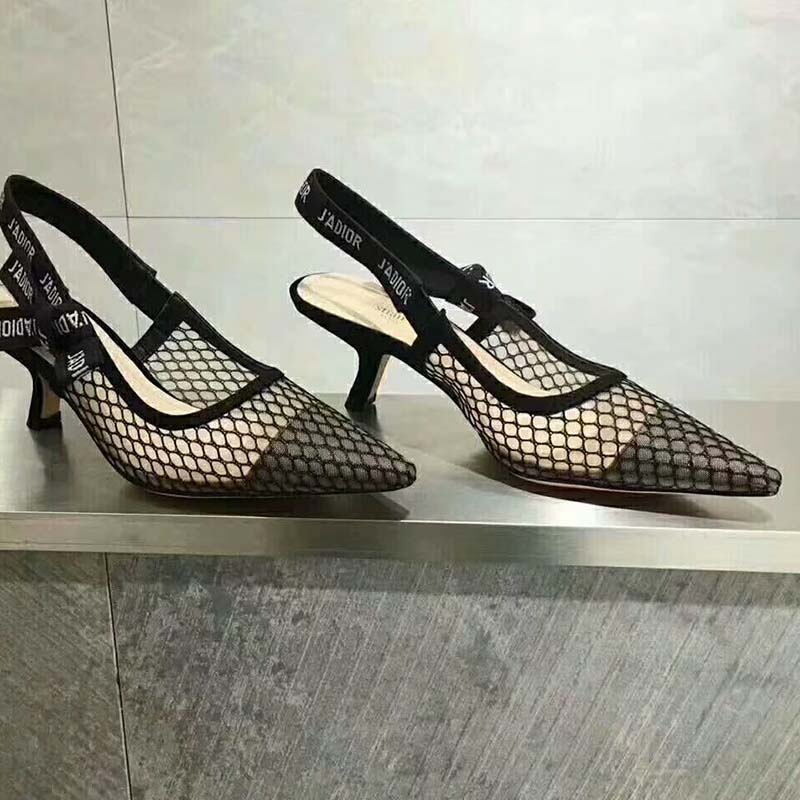 Close-up of black mesh and J’Adior ribbon detail on Dior high heel
