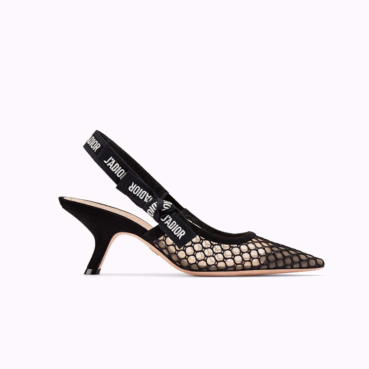 Side view of Dior Women J’Adior High-Heeled Shoe in Black Mesh 65mm Heel
