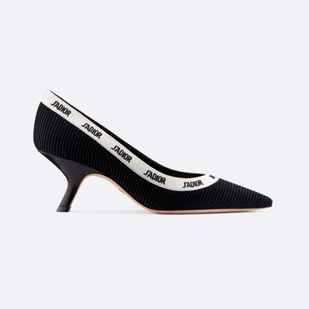 Side view of Dior Women J’adior Embroidered Pump in black technical canvas