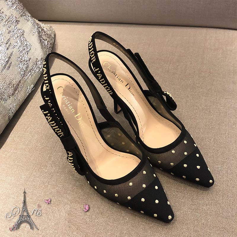 Top-down angle showing dotted Swiss fabric on Dior Women J’adior high heel