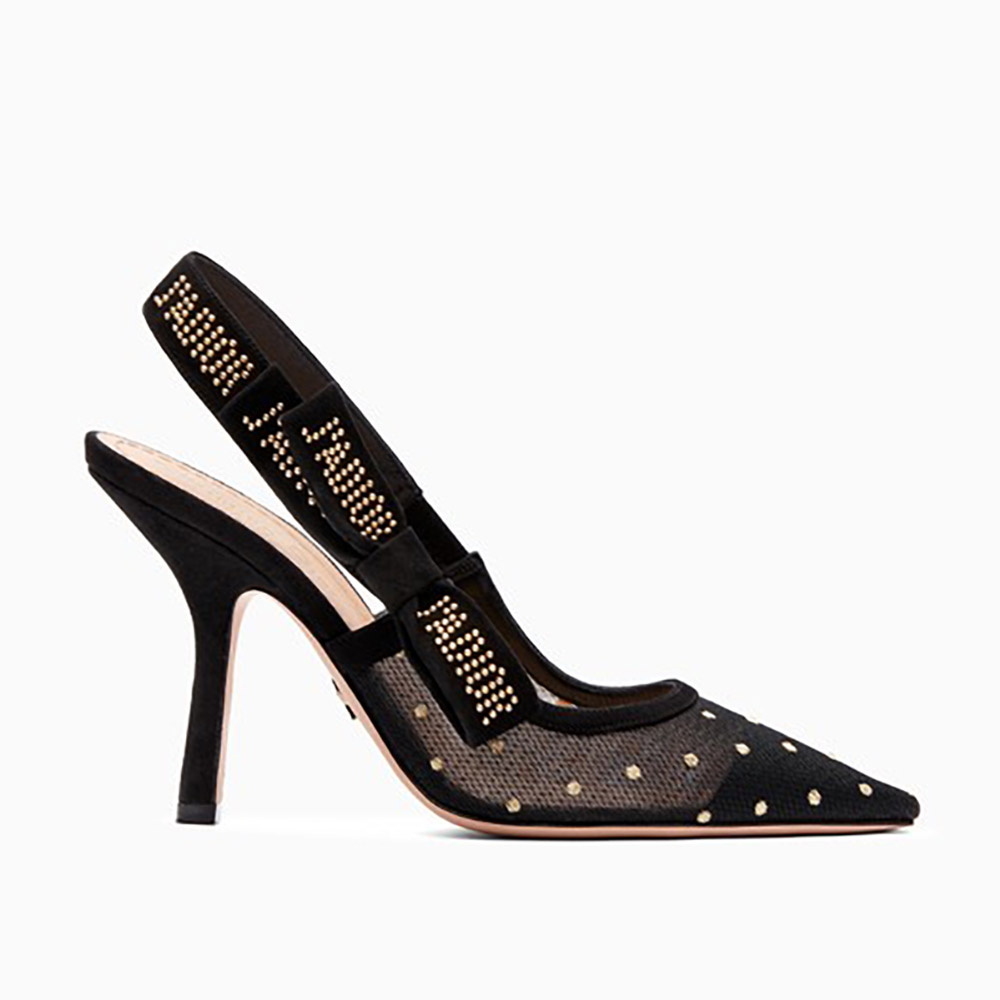 Side view of Dior Women J’adior High-Heeled Gold-Tone Dotted Swiss 100mm Heel