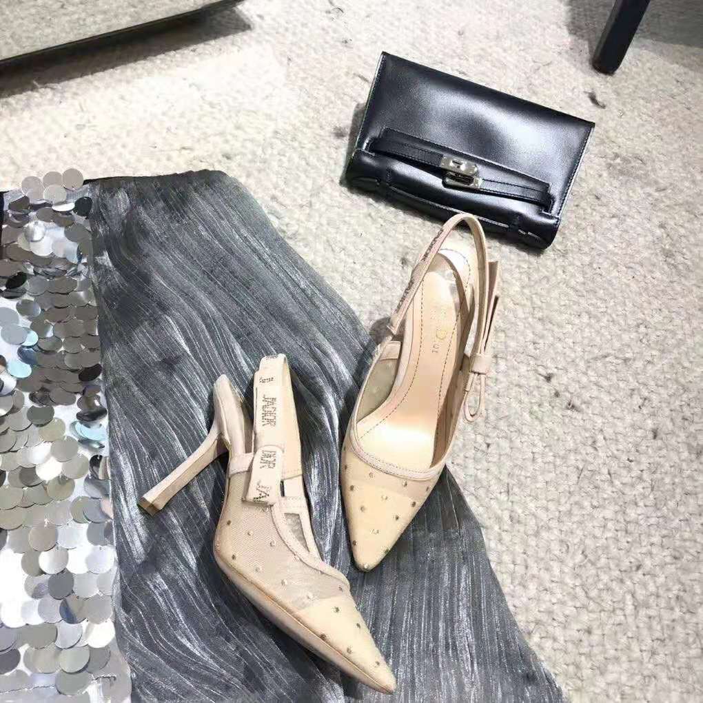 Rear angle showing adjustable slingback strap on Dior Women J’adior Plumetis Pump