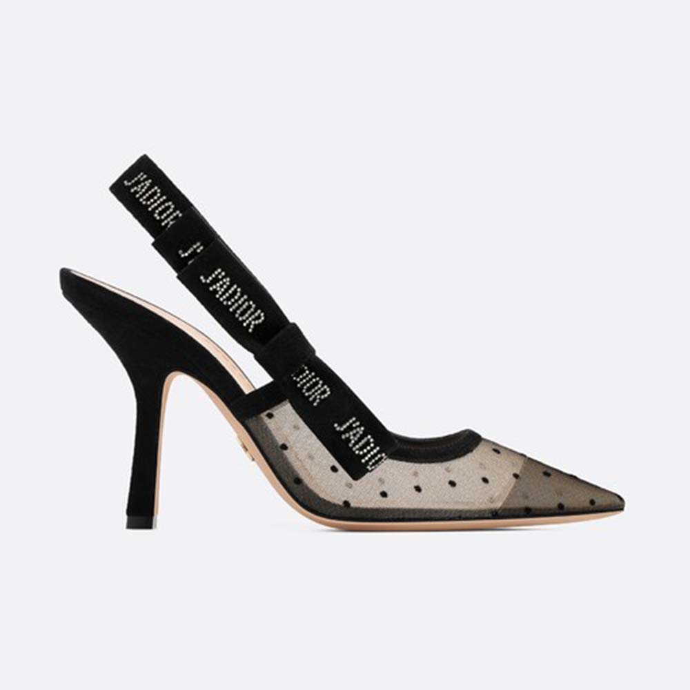 Side angle of Dior Women J’adior Pump Dotted Swiss Tulle Rhinestones black heel