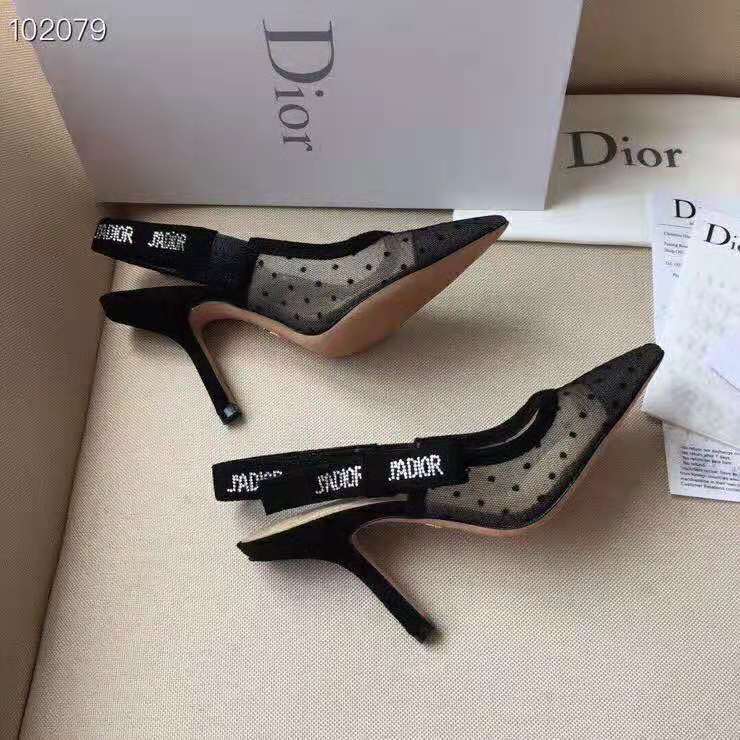 Close-up of rhinestone strap detail on Dior Women J’adior Pump black tulle