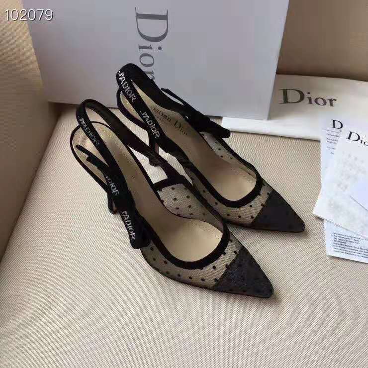 Top view showcasing pointed toe and dotted Swiss tulle texture on Dior pump