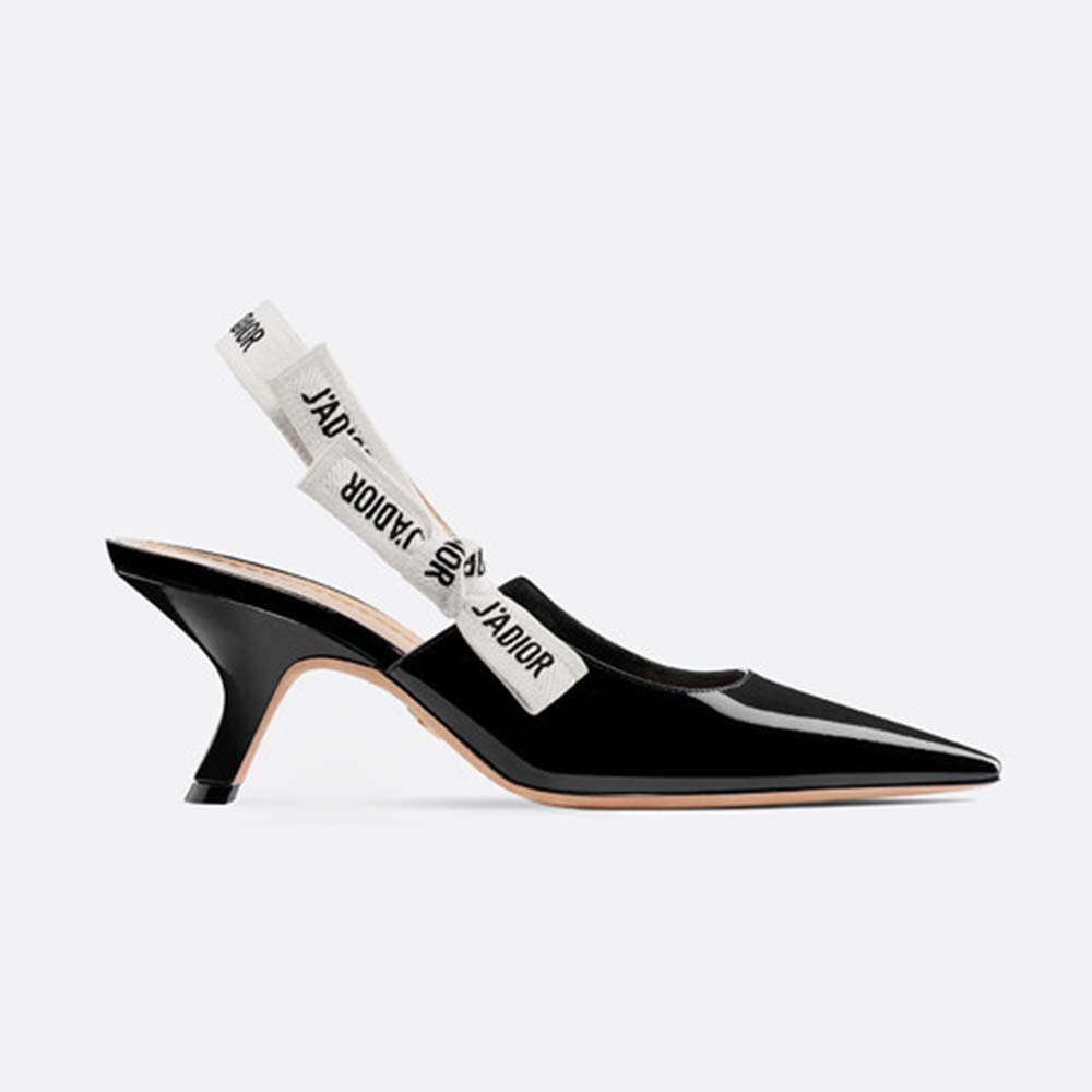 Side profile of Dior Women J’adior Slingback Black Patent Leather heel