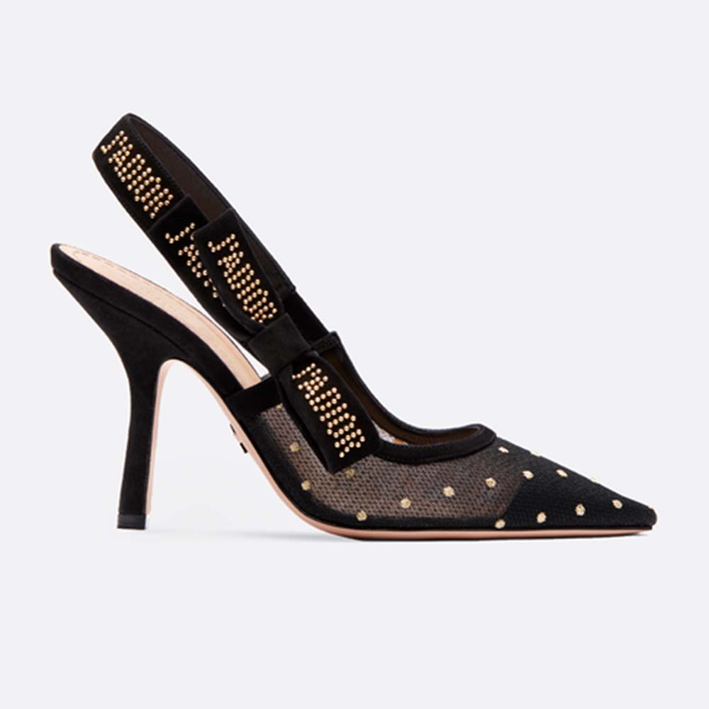 Side view of Dior Women J’adior Slingback Gold-Tone Dotted Swiss 10 cm Heel-Black