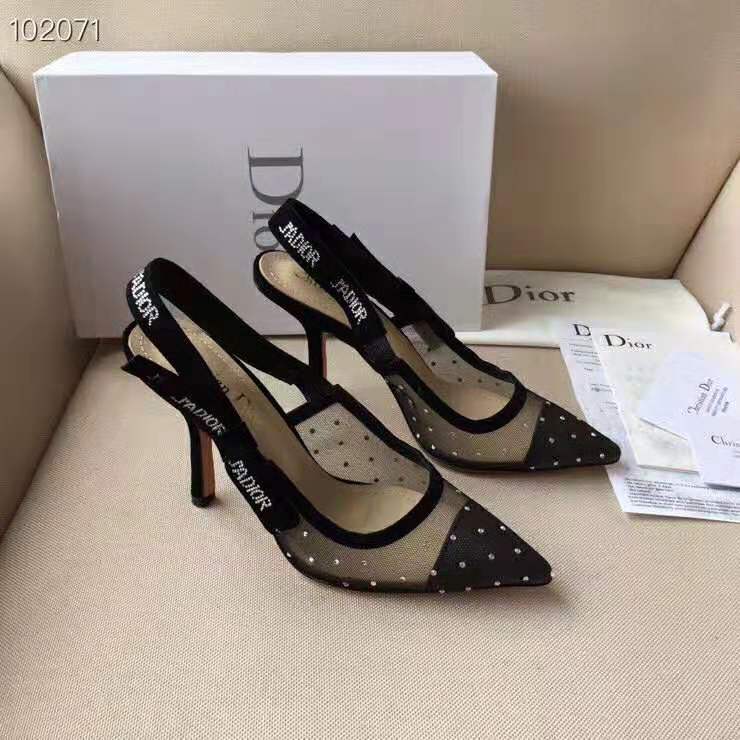 Top angle showing dotted Swiss mesh and 10 cm heel of Dior slingback