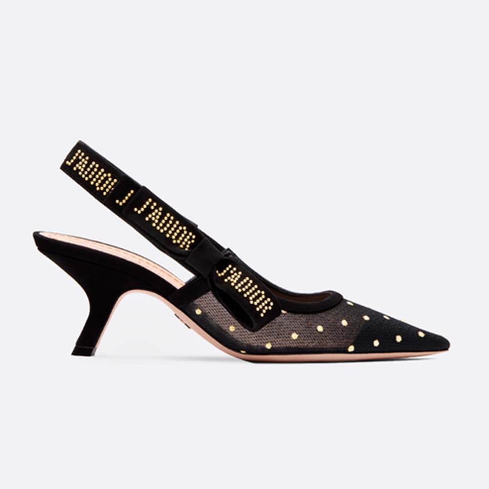 Side view of Dior Women J’adior Slingback Gold-Tone Dotted Swiss 6.5 cm Heel-Black