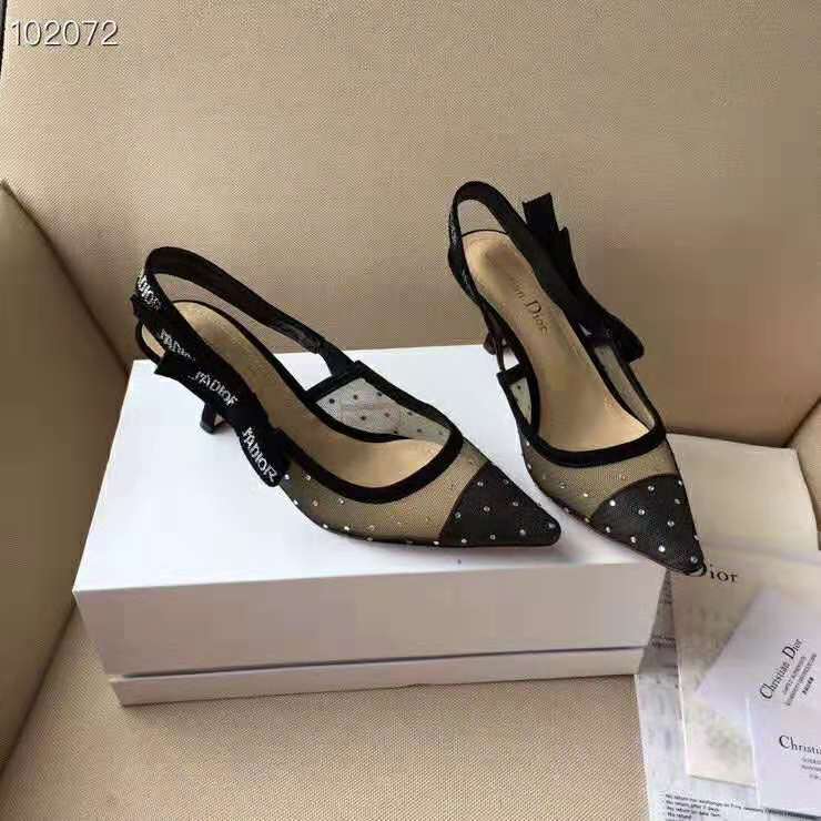 Top angle showing black dotted Swiss mesh and 6.5 cm heel on Dior Women J’adior Slingback