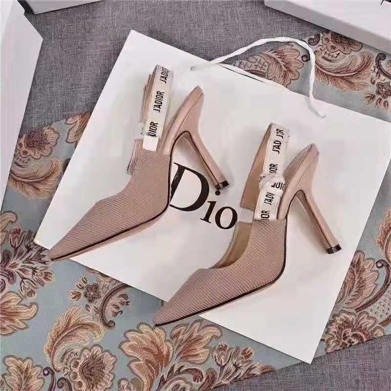 Front angle highlighting pointed toe of Dior Women J’adior Slingback Pump Sandy