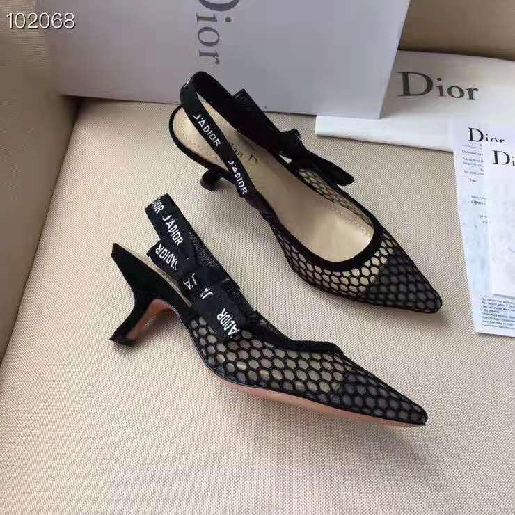 Close-up of black mesh and J’adior ribbon detail on slingback shoe