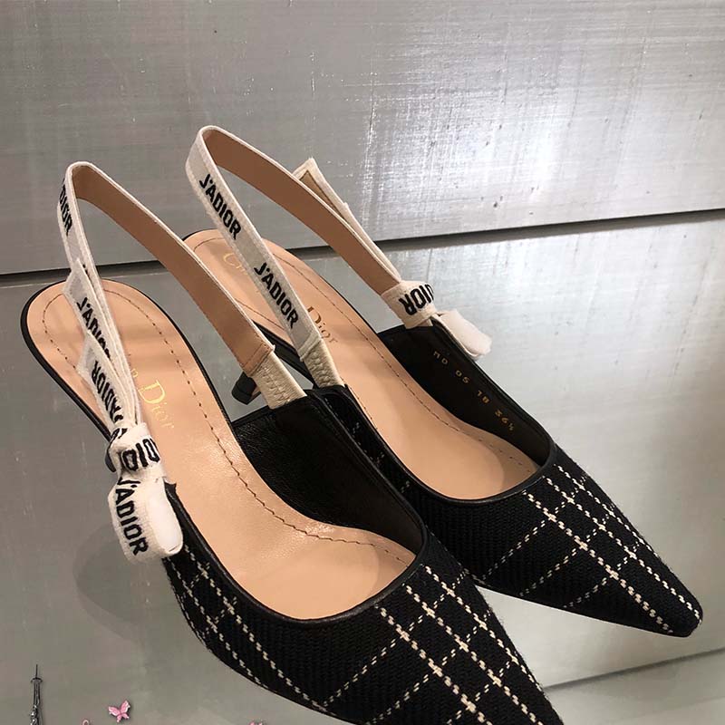 Top angle showing sleek silhouette of Dior Women J’adior Tartan Wool Heel