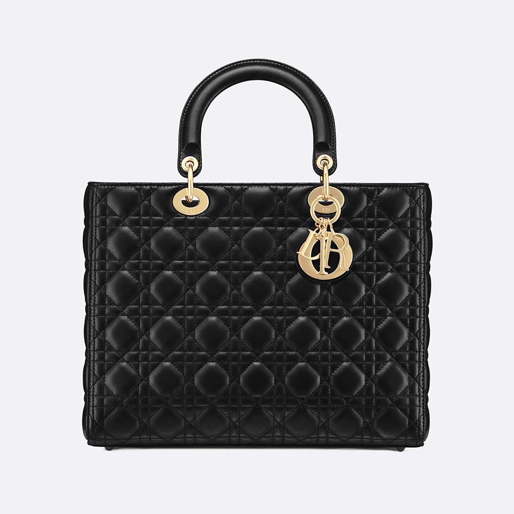 Front view of Dior Women Lady Dior Lambskin Tote Bag-Black showing quilting