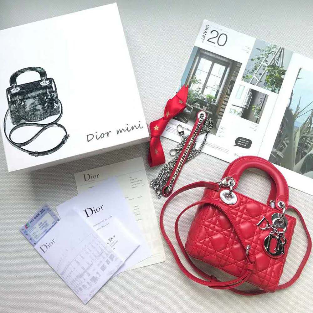 Side profile showing adjustable shoulder strap on Dior Women MY ABCDIOR Lambskin Bag-Red