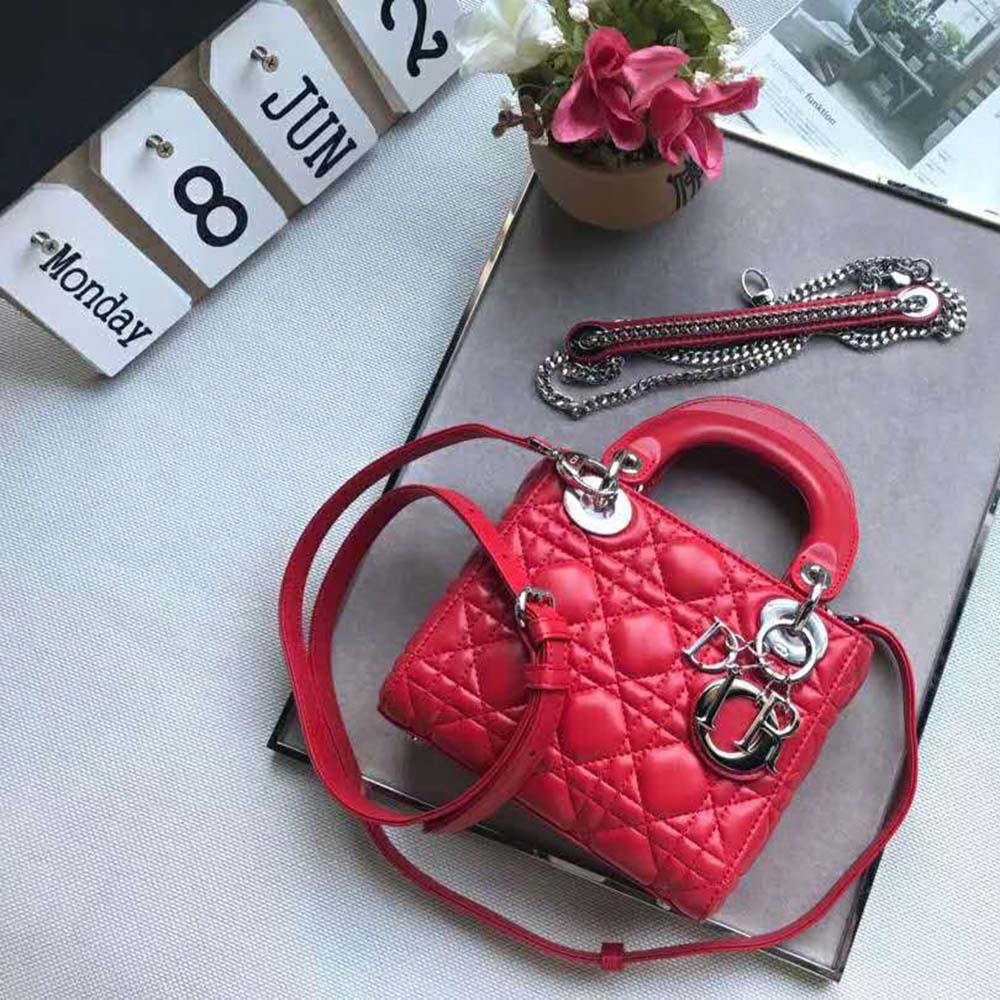 Close-up of red lambskin texture and MY ABCDIOR lettering hardware