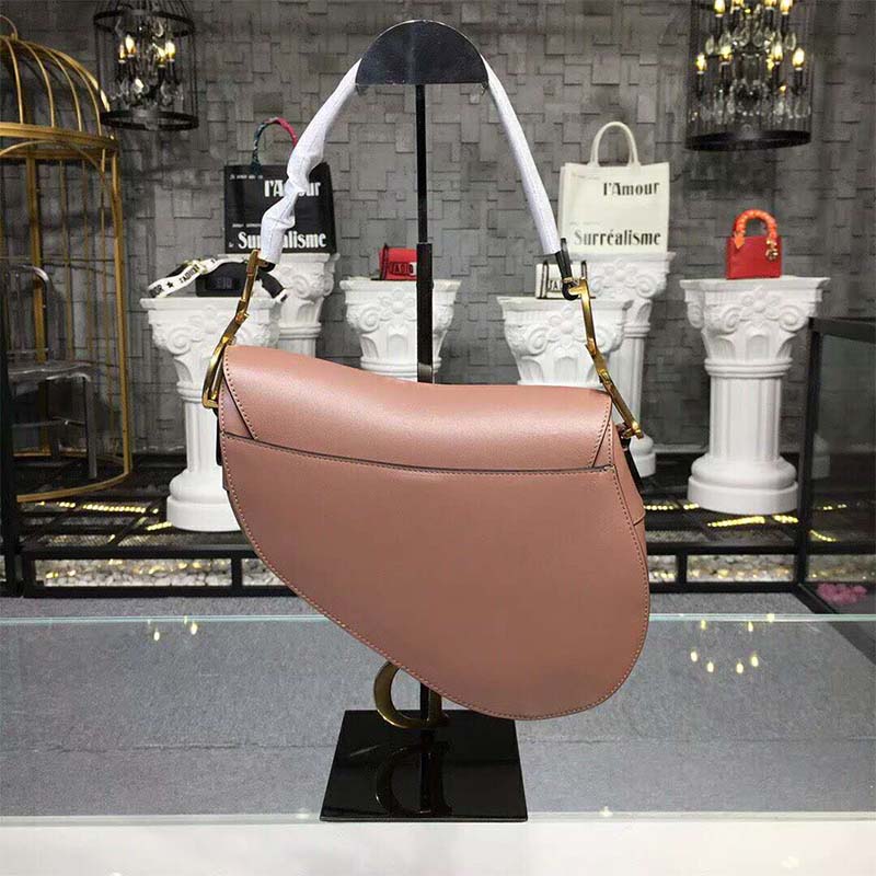 Side profile showing curved shape of Dior Women Saddle Bag in pink