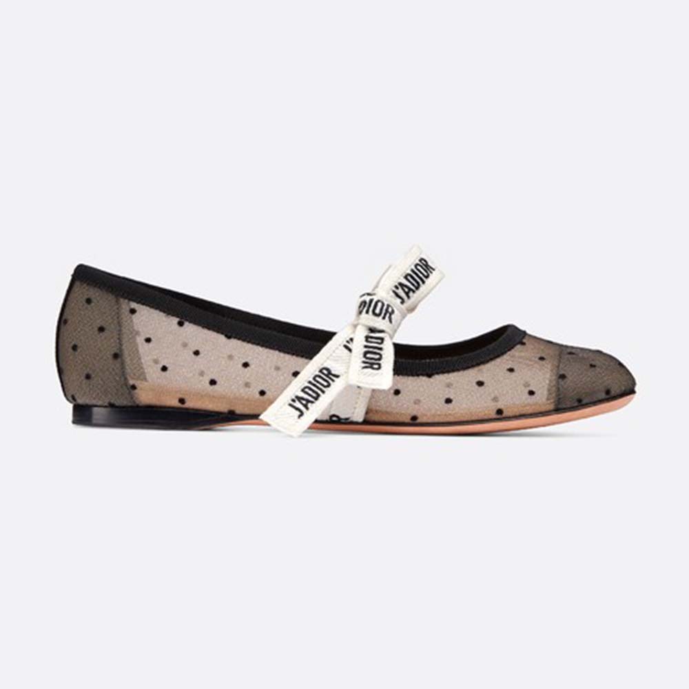 Side profile of Dior Women Miss J’Adior Dotted Swiss Tulle Ballet Pump-Black