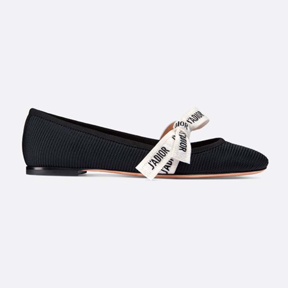 Side angle of Dior Women Miss J’adior Ballet Flat in black technical canvas
