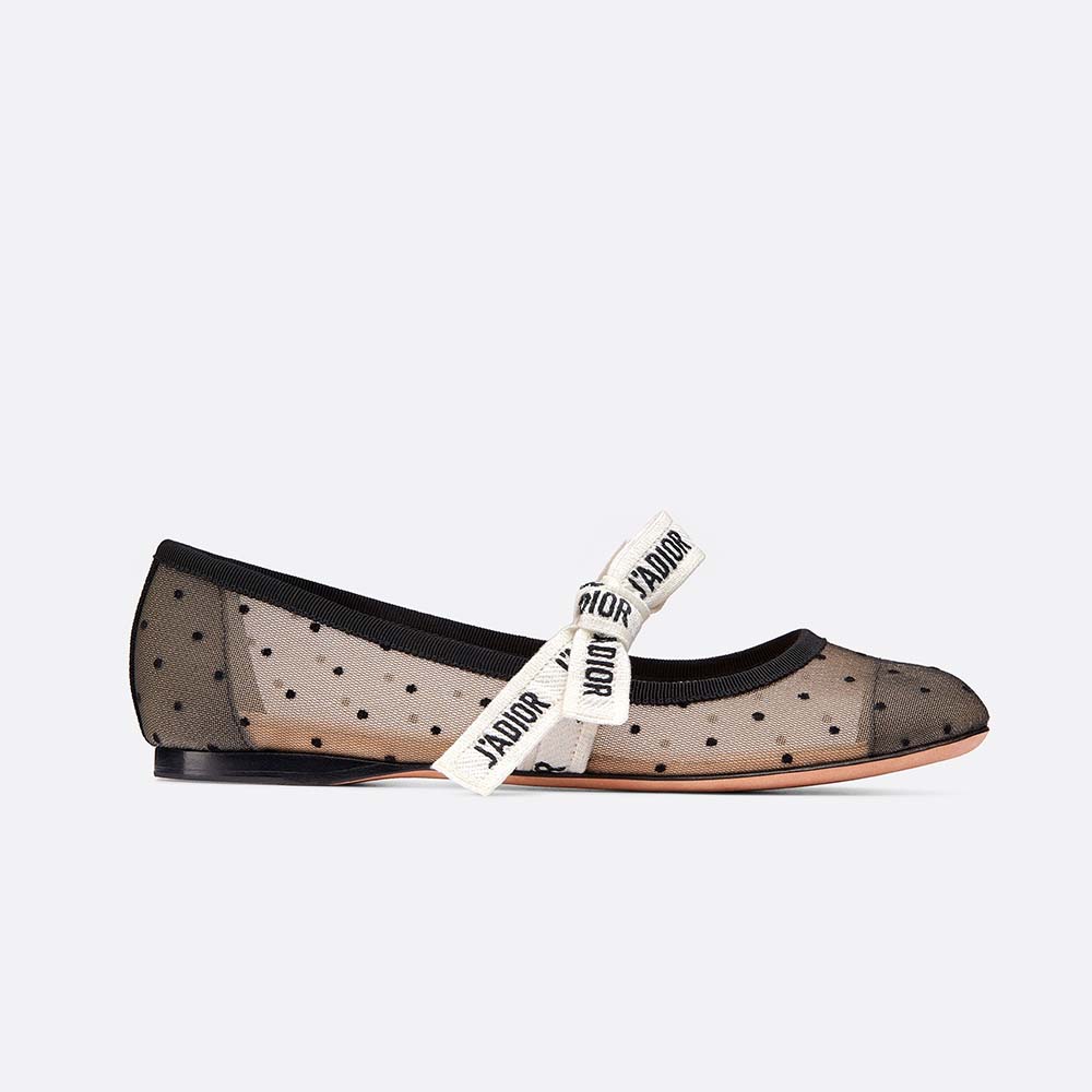 Side view of Dior Women Miss J’adior Dotted Swiss Tulle Ballet Pump-Black