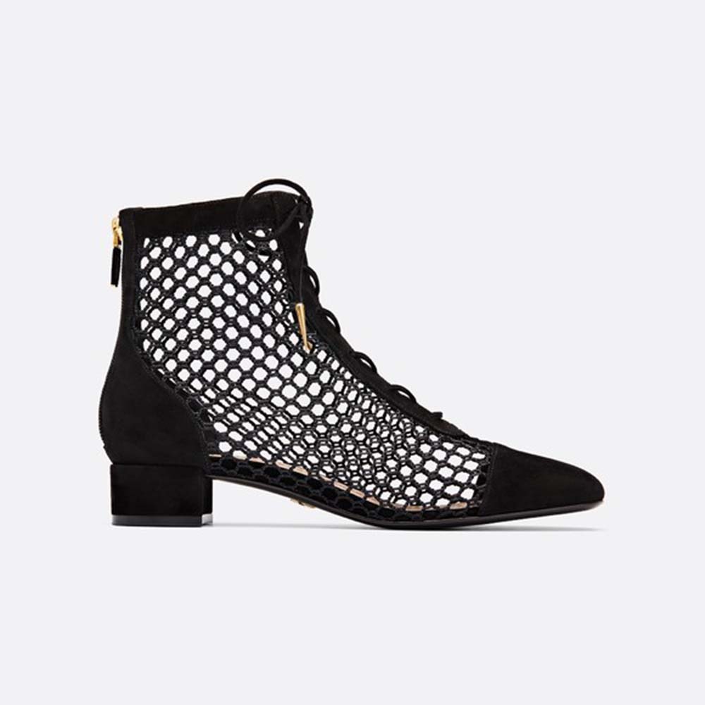 Side profile of Dior Women Naughtily-D Mesh Ankle Boot in black suede calfskin