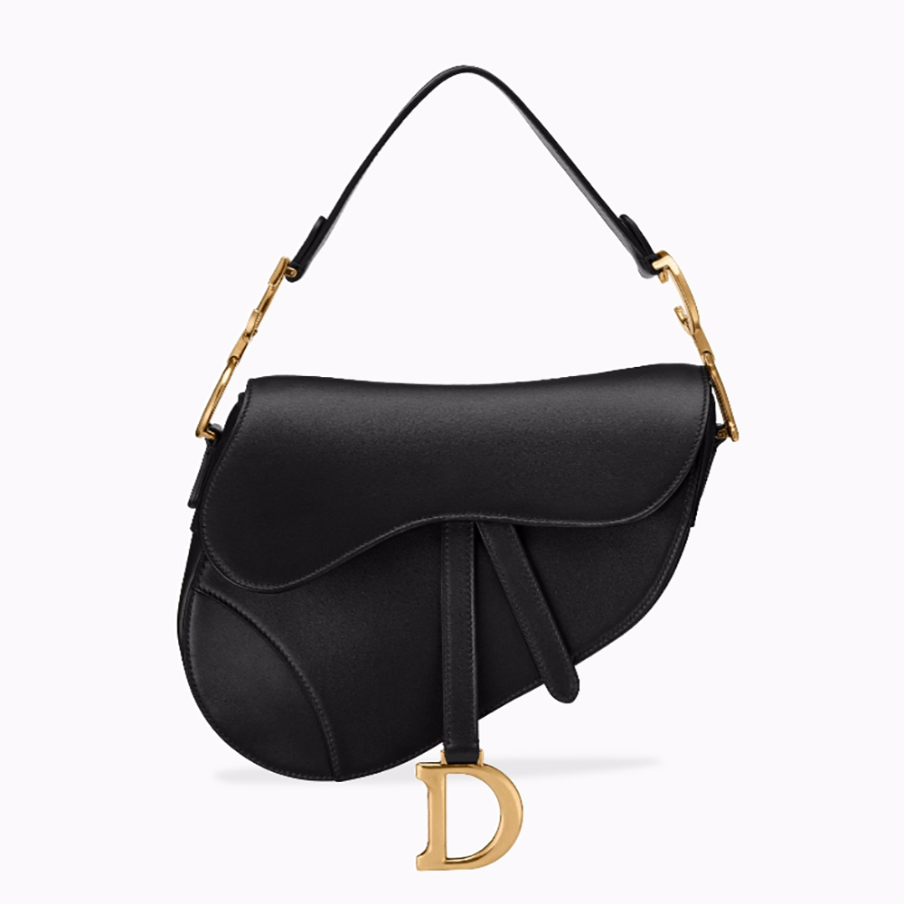 Front view of Dior Women Saddle Bag in Black Calfskin with flap closed