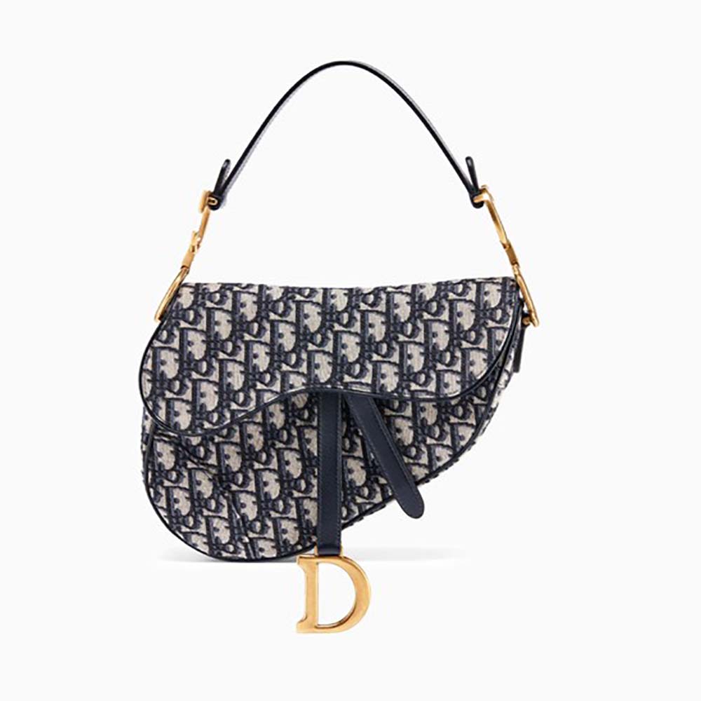Front angle of Dior Women Saddle Bag in Blue Canvas with flap closed