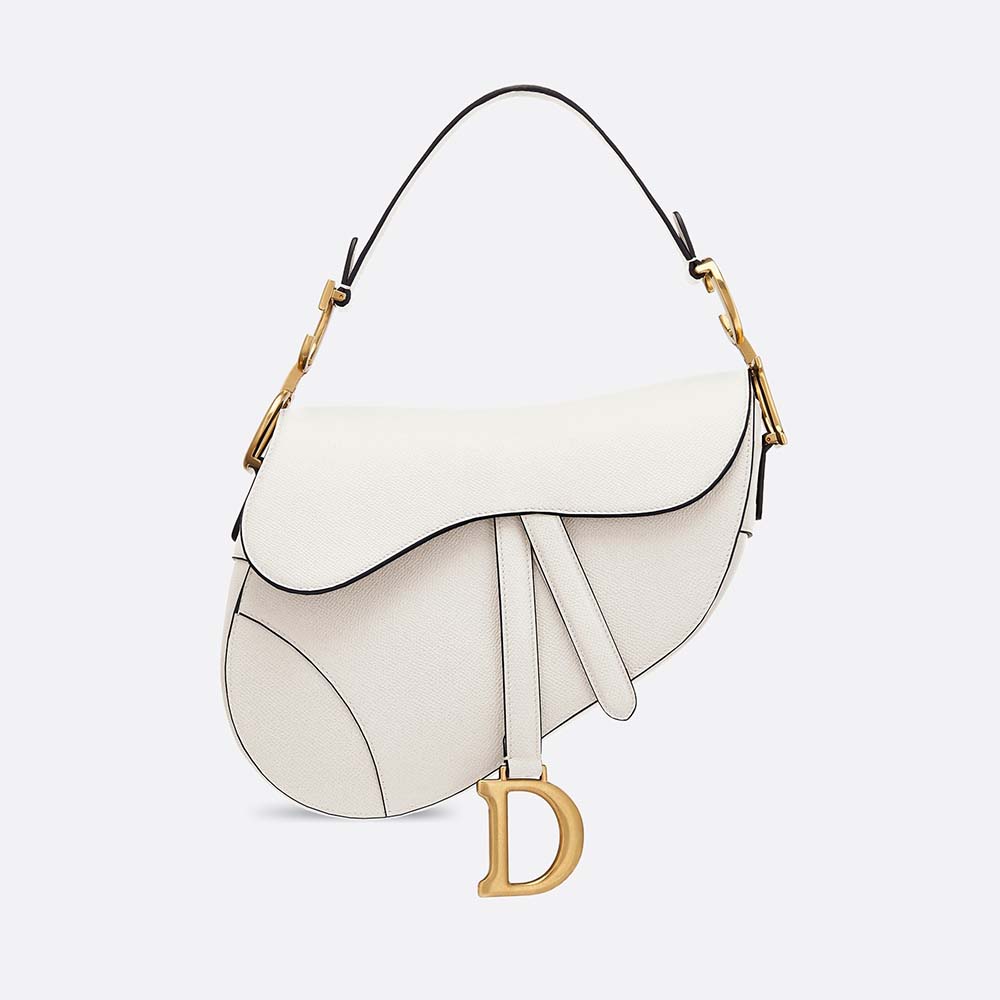 Front view of Dior Women Saddle Calfskin Bag-White showing signature flap