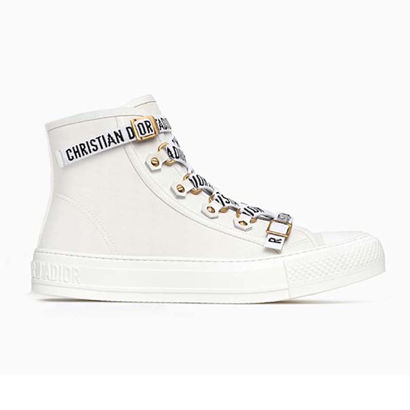 Side view of Dior Women Shoes High-Top Trainer in White Canvas-White