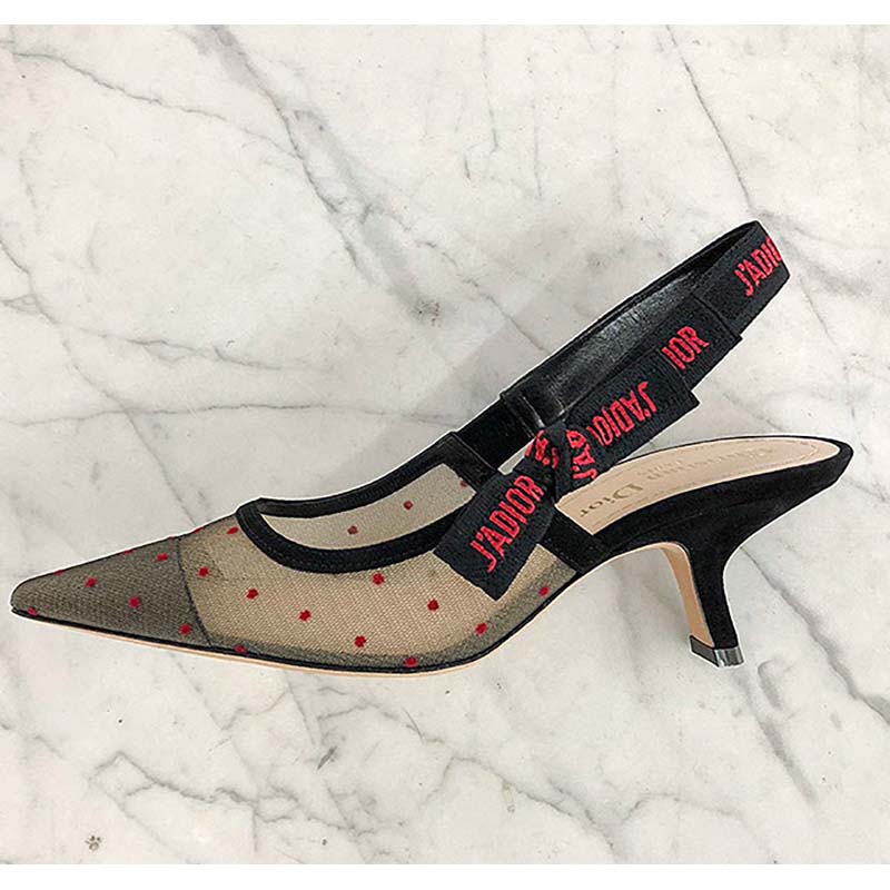 Close-up of red leather and dotted Swiss mesh on Dior J’Adior slingback